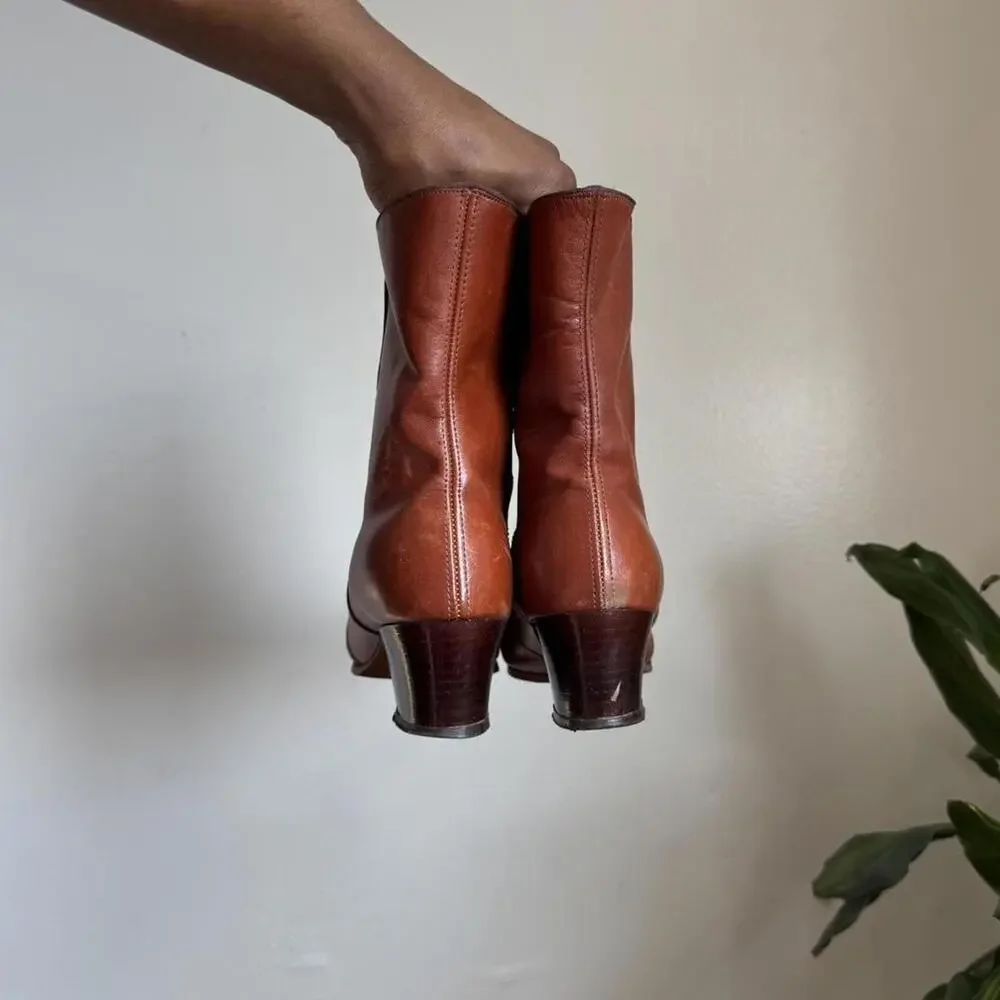 Rare Vintage 70s/80s Cognac Leather Faux Fur‎ Lined Boots -Size 8